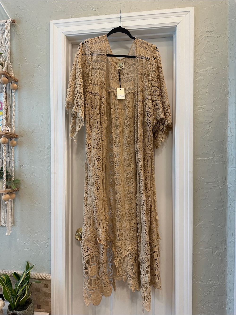 Boho Crochet Longline Kimono Cape in Beige
